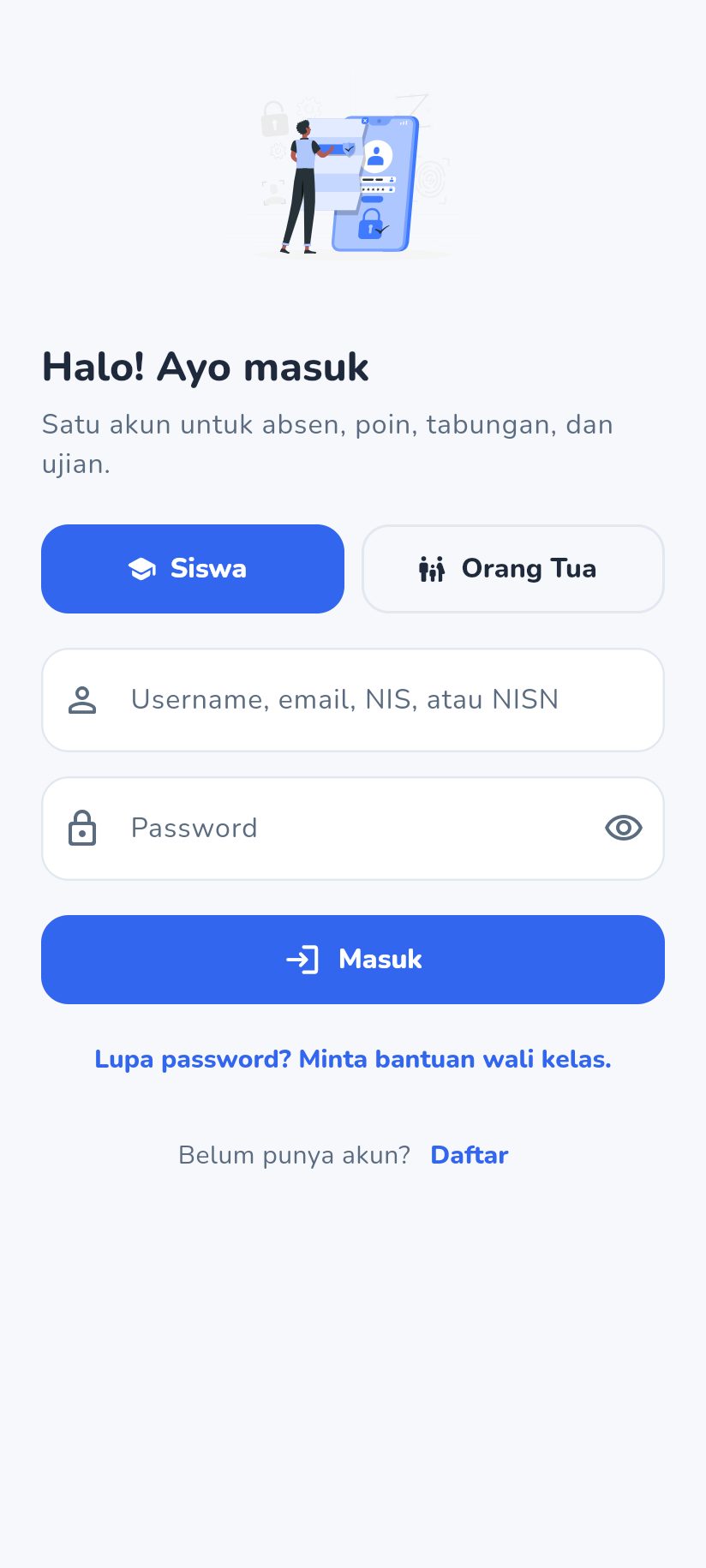 Layar masuk E-ModBel untuk siswa dan orang tua